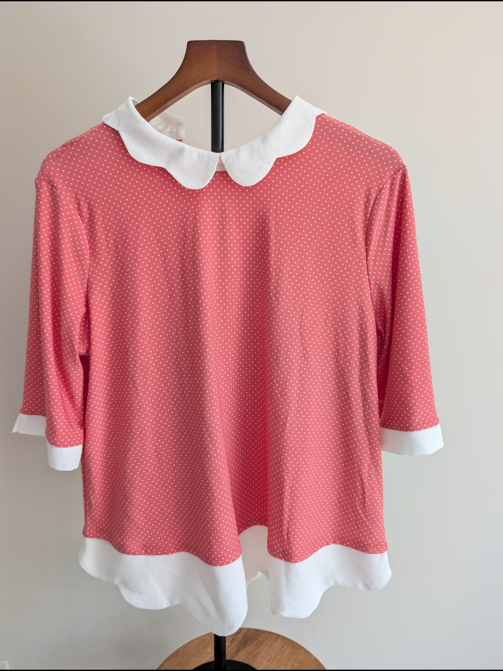 Faith and Joy Coral Polka Dot Peter Pan Collar Blouse with White Trim